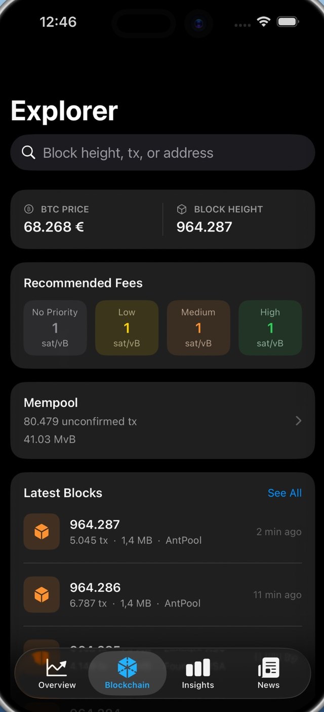 BTC Mate Explorer tab with a search field for block height, transaction or address, current BTC price, block height, recommended fees, mempool size and the latest blocks.