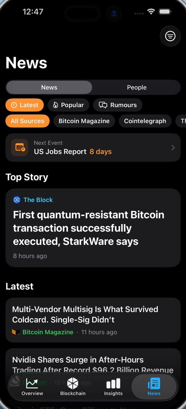 BTC Mate News tab with source filters, the next scheduled event, a top story and the latest Bitcoin headlines.